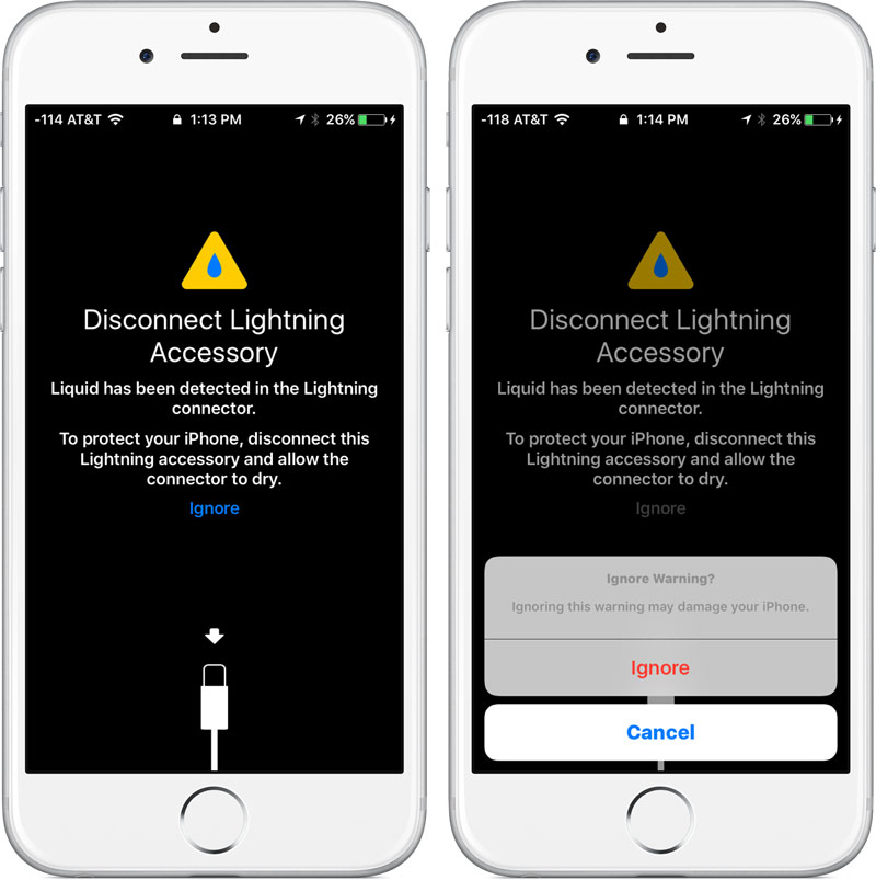 Новая функция iOS 10 предупредит, что в Lightning-разъем попала вода